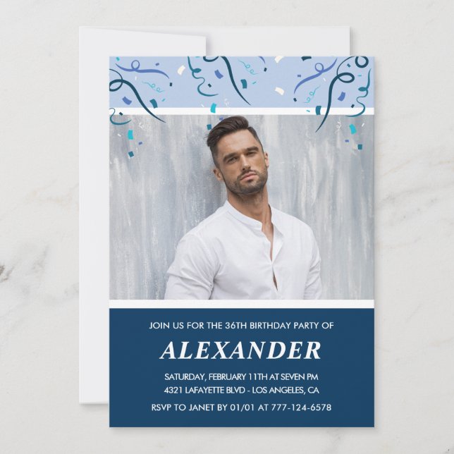 Invitation Homme photo bleu marine moderne 36e anniversaire (Devant)