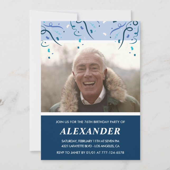 Invitation Homme photo bleu marine moderne 76e anniversaire (Devant)