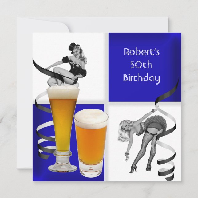 Invitation Hommes 50e Anniversaire Bleu Check Retro Girl Beer (Devant)