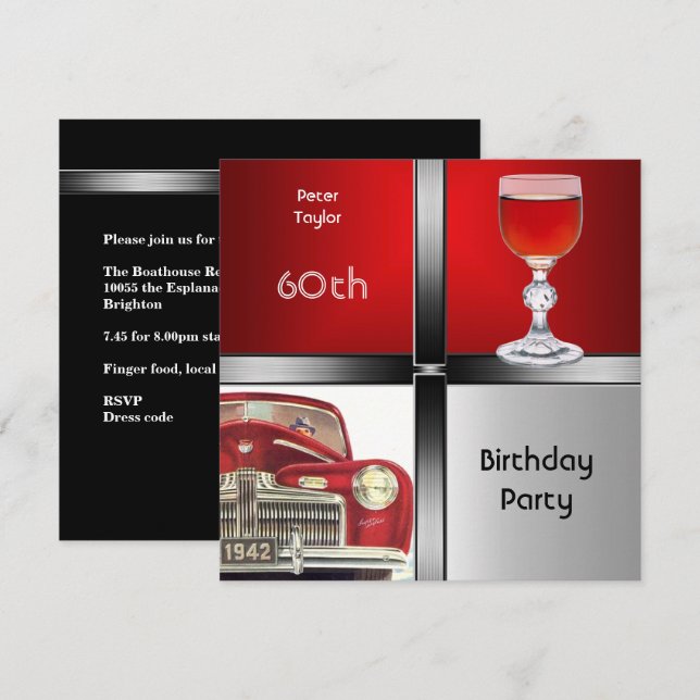 Invitation Hommes 60e fête d'anniversaire Rouge Métal Argent  (Devant / Derrière)