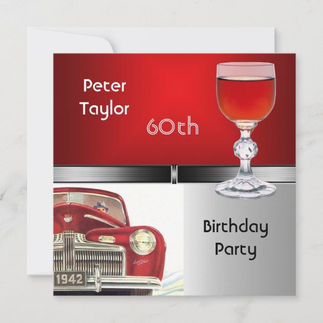 Invitation Hommes 60e fête d'anniversaire Rouge Métal Argent  (Devant)