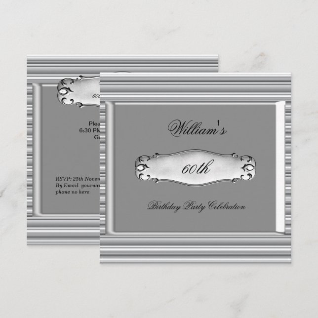Invitation Hommes 60e fête d'anniversaire Silver Metal Mans (Devant / Derrière)