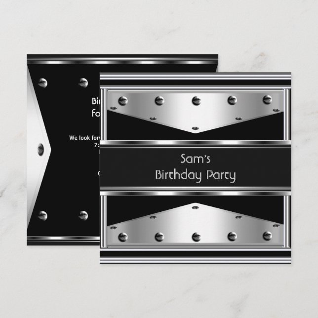 Invitation Hommes Anniversaire Fête Argent Métal Noir Mans (Devant / Derrière)