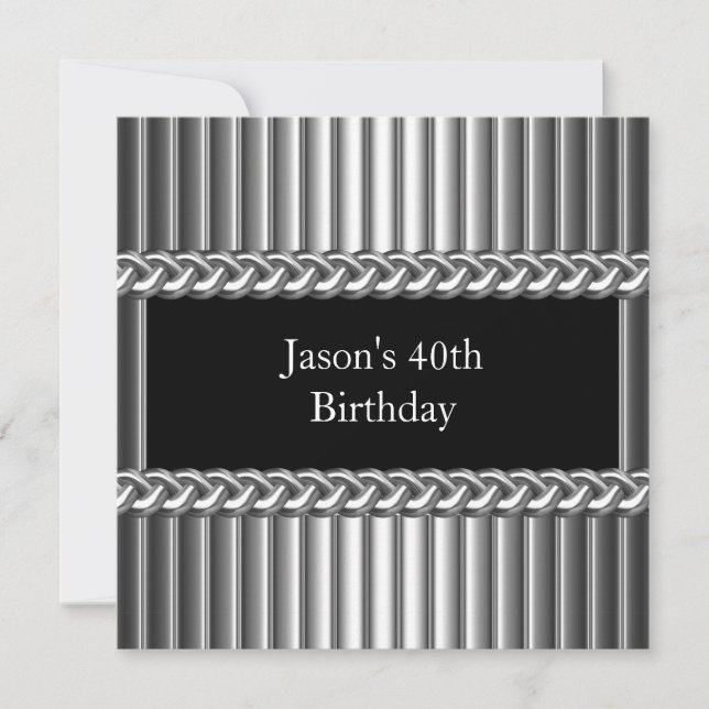 Invitation Hommes Anniversaire Fête Métal Chrome Noir Argent  (Devant)