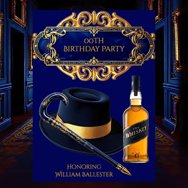 Invitation Hommes Casquette Cane Whiskey Gold Navy Anniversai (Créateur téléchargé)
