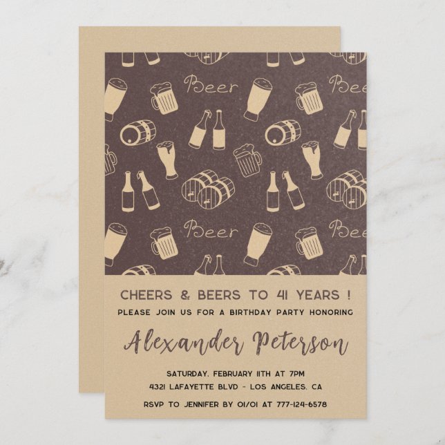 Invitation Hommes Cheers & Beer Rustic 41e anniversaire (Devant / Derrière)