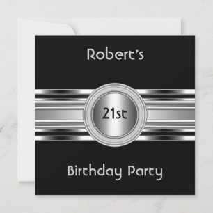 Invitation Hommes Elégant 21e anniversaire fête Black Silver
