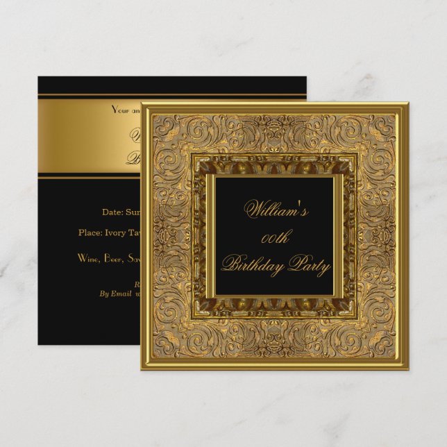 Invitation Hommes Elégant look en bois or fête d'anniversaire (Devant / Derrière)