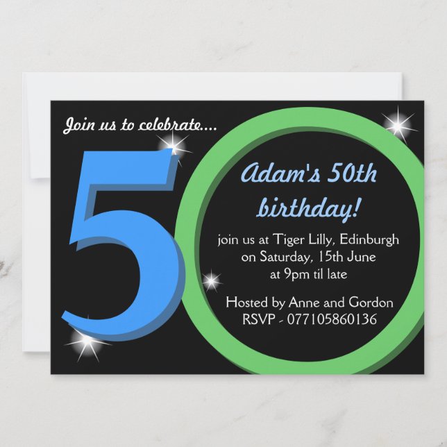 Invitation Hommes fête d'anniversaire vert/bleu ciquantième (Devant)