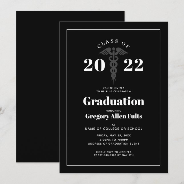 Invitation Hommes Infirmières diplômés Noir et blanc Médicale (Devant / Derrière)