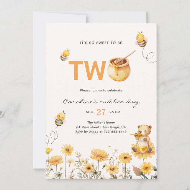 Invitation Honey Teddy Bear 2e Jour de l'abeille Anniversaire (Devant)