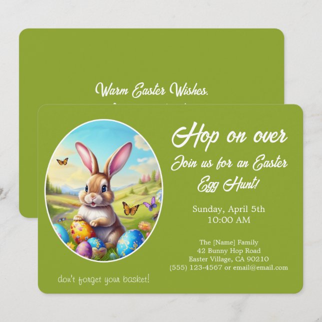 Invitation Hop on Over Chasse aux œufs de Pâques Lapin Vert - (Devant / Derrière)