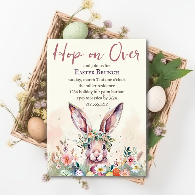 Invitation Hop on Over Easter Bunny Spring Brunch floral (Créateur téléchargé)