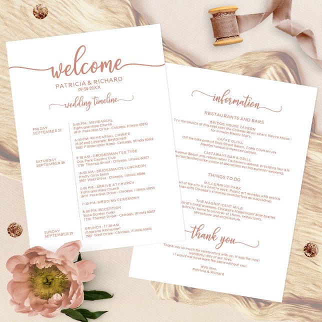 Invitation Horaire du Mariage de fin de semaine Rose Gold Cal (Créateur téléchargé)