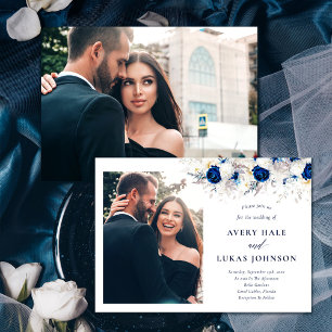 Invitation Horizon photo moderne Mariage floral bleu et blanc