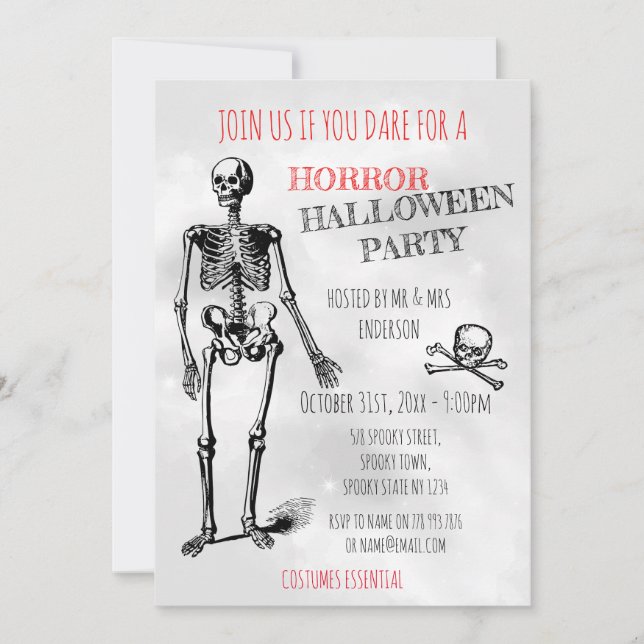 Invitation Horreur Halloween squelette crâne gris costume fêt (Devant)