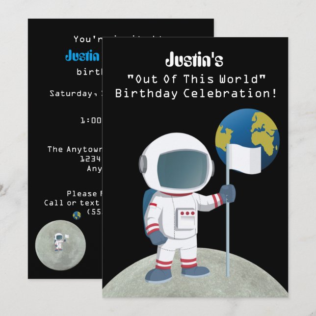 Invitation Hors de ce monde, fête d'anniversaire des astronau (Devant / Derrière)