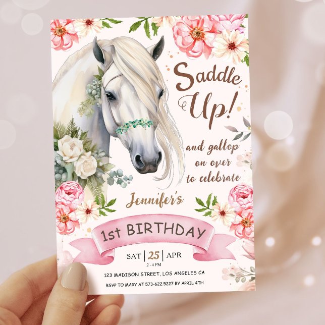 Invitation Horse Fête d'anniversaire Filles rose 1er annivers (Créateur téléchargé)