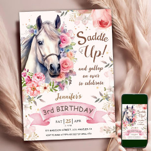 Invitation Horse Girl 3e anniversaire Fleurs roses Saddup Inv
