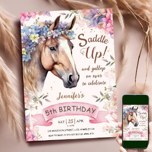 Invitation Horse Girl 5e anniversaire Fleurs roses selle vers