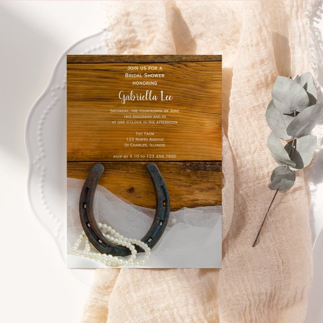 Invitation Horseshoe, Pearls Barn Wood Fête des mariées occid (Créateur téléchargé)