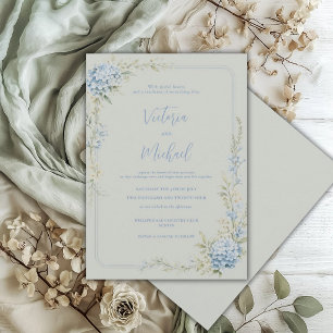 Invitation Hortensia Bleu Fleuron Élégant Mariage Vert Sauge