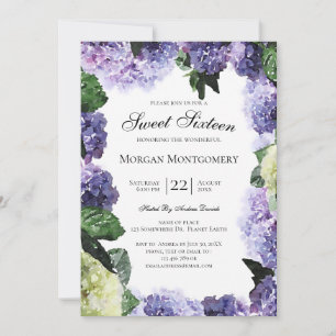 Invitation Hortensias ivoire et violets White Sweet Sixteen