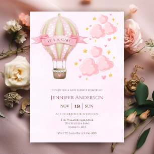 Invitation Hot Air Ballon rose Élégant Baby shower fille