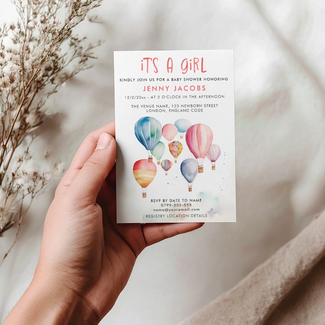 Invitation Hot Air Balloon C'est un baby shower de fille (Hot air balloons its a girl baby shower invitation card)