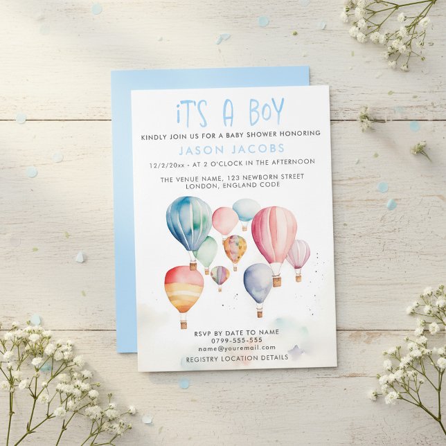 Invitation Hot Air Balloon C'est un baby shower garçon (Hot Air Balloon It's a boy baby shower Invitation.)