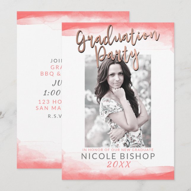 Invitation Hot Coral Modern Rose Gold Graduation Party Photo (Devant / Derrière)