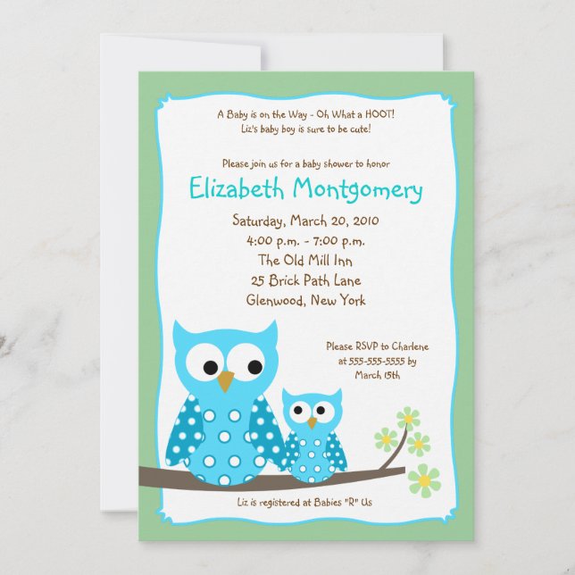 Invitation HOT OWLS BLUE boy Baby shower 5x7 (Devant)