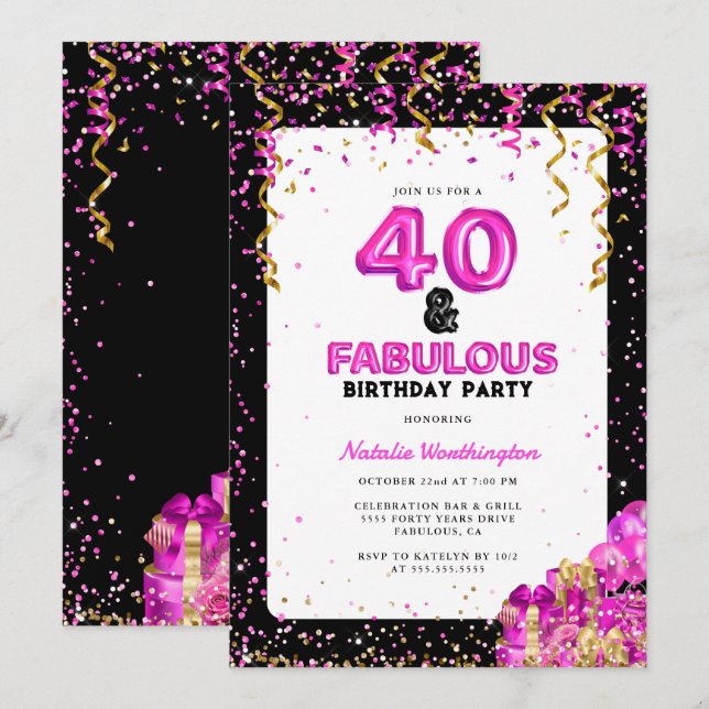 Invitation Hot Pink Gold Forty Fabuleux 40e anniversaire (Devant / Derrière)