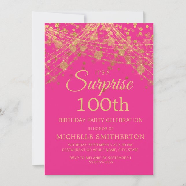 Invitation Hot Pink Gold Surprise 100e anniversaire (Devant)