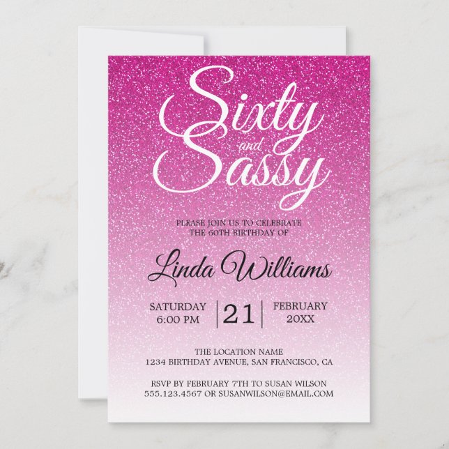 Invitation Hot Pink Parties scintillant Ombre 60 et Sassy 60e (Devant)