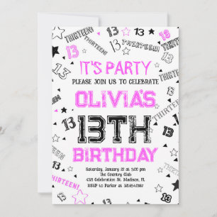 Invitation Hot rose blanc Boy Numéro Treize fête d'anniversai