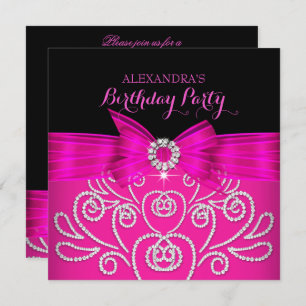 Invitation Hot rose Bow Black faux diamant Anniversaire
