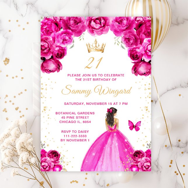 Invitation Hot rose Brunette Hair Princess Anniversaire (Créateur téléchargé)