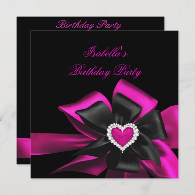 Invitation Hot rose Diamond Coeur Noir Bow Anniversaire (Devant / Derrière)