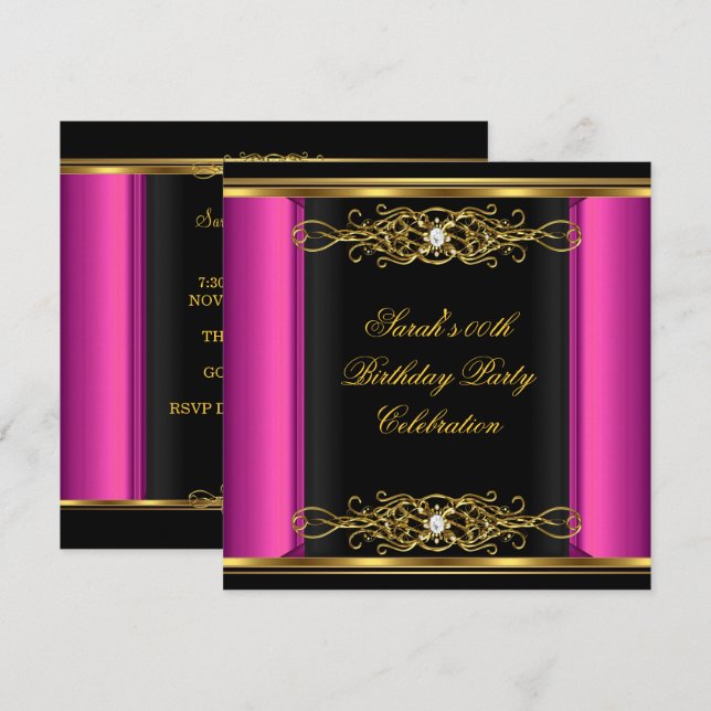 Invitation Hot rose élégante fête d'anniversaire Black Gold (Devant / Derrière)