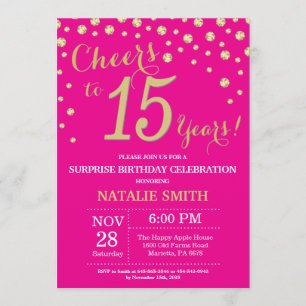 Invitation Hot rose et or Surprise 15e Anniversaire Diamond