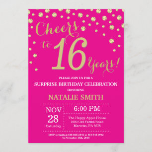 Invitation Hot rose et or Surprise 16e Anniversaire Diamond