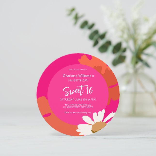 Invitation Hot rose et orange Floral Seize Anniversaire (Debout devant)