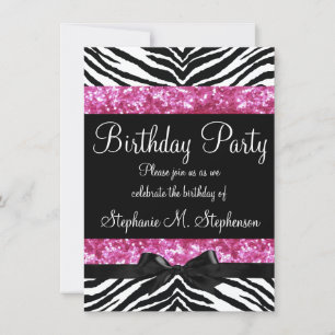 Invitation Hot rose étincelle Zebra Girl'anniversaire