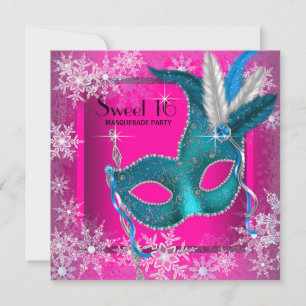 Invitation Hot rose flocon de neige Sweet 16 Masquerade Party