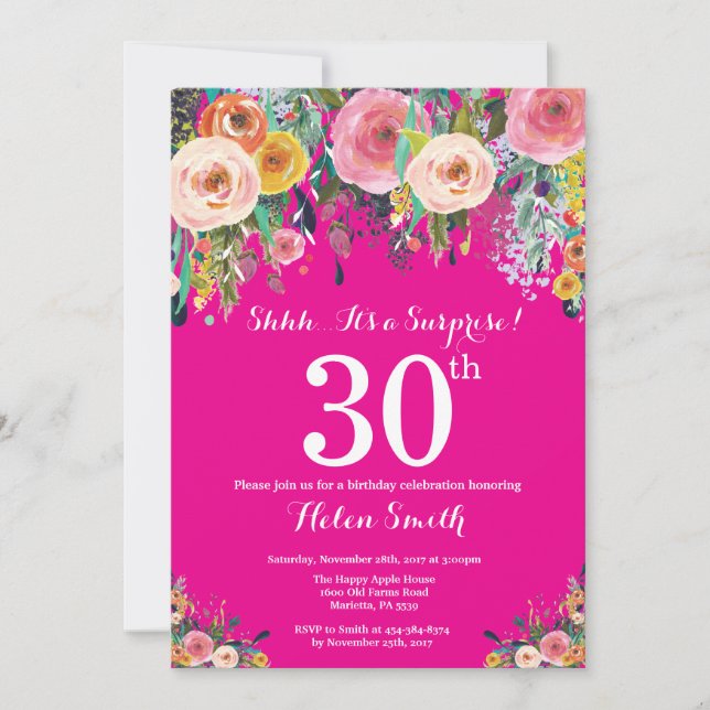 Invitation Hot rose Floral Surprise 30e anniversaire Invitati (Devant)