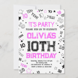 Invitation Hot Rose Girls Numéro Dix Anniversaire Fête