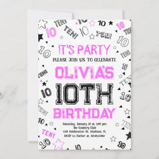 Invitation Hot Rose Girls Numéro Dix Anniversaire Fête