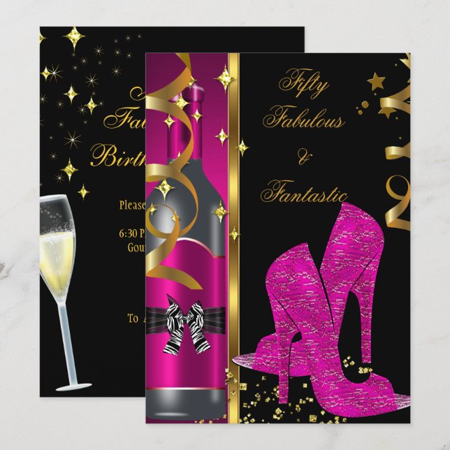 Invitation Hot Rose Gold 50 & Fabulous Fantastic Birthday (Devant / Derrière)
