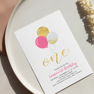Invitation Hot rose & Gold Balloons 1ère Fille fête d'anniver